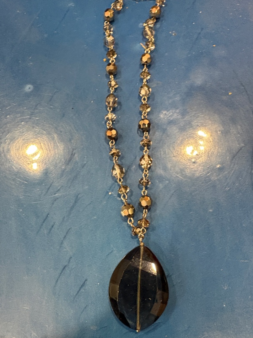 Faceted Black Teardrop Pendant Necklace with Beaded Chain